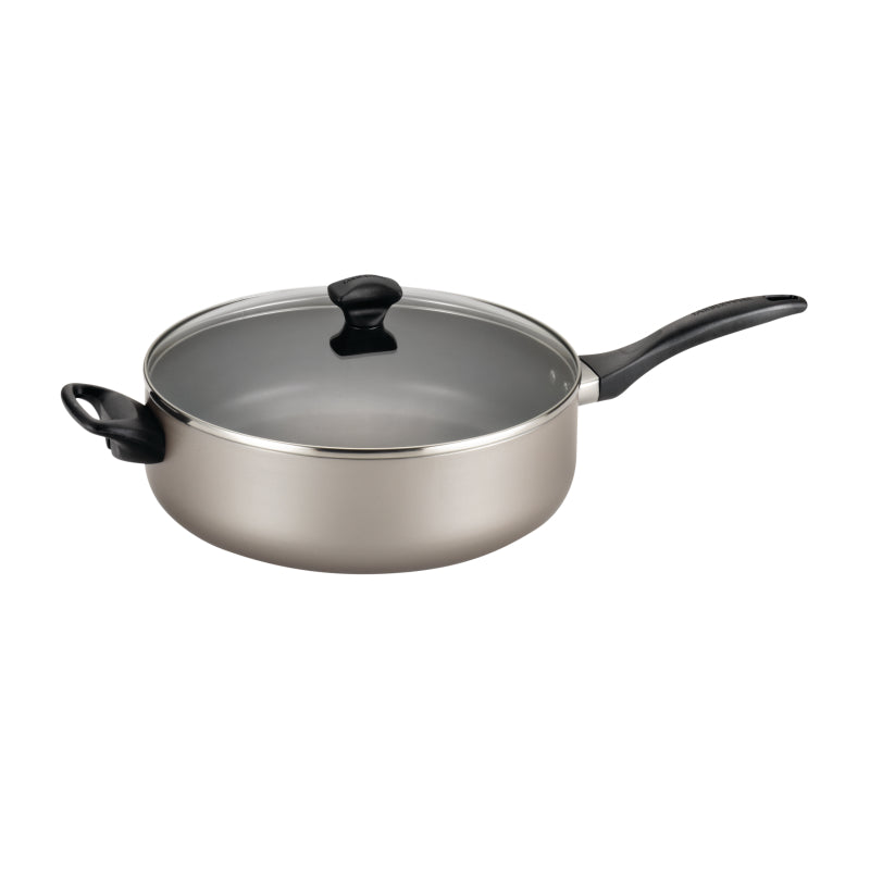 Farberware Dishwasher Safe Aluminum Nonstick Jumbo Cooker Chef's Pan with Lid and Helper Handle, 6-Quart, Champagne