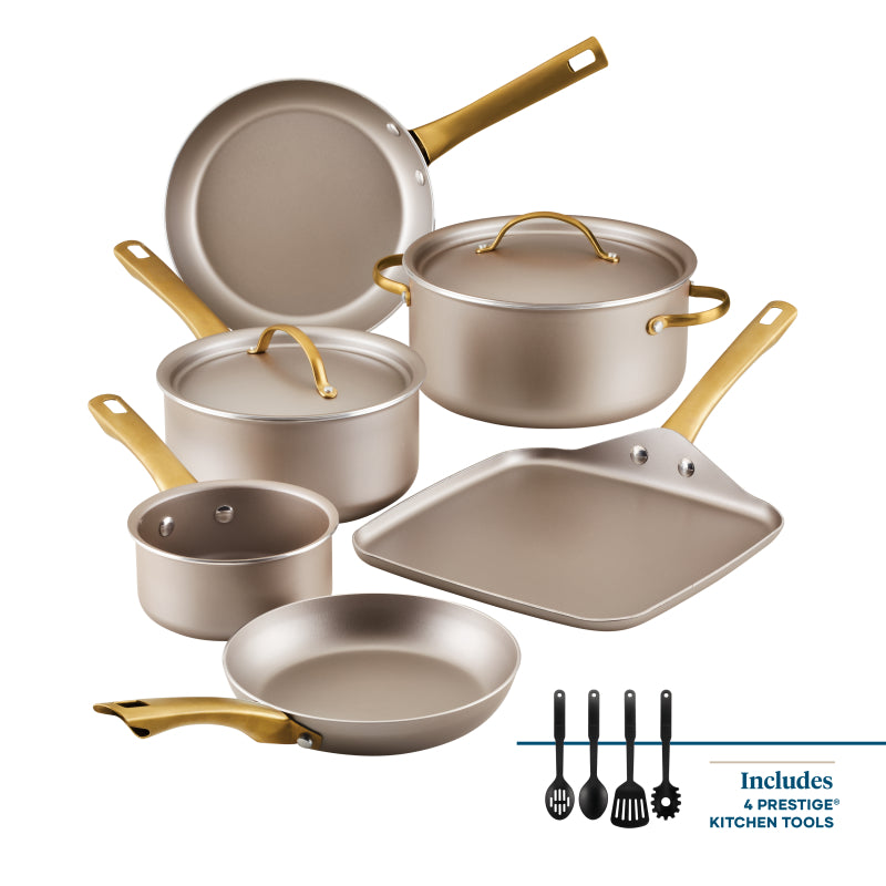 Farberware Radiant Nonstick Cookware Set with Prestige Tools, 12 Piece, Champagne