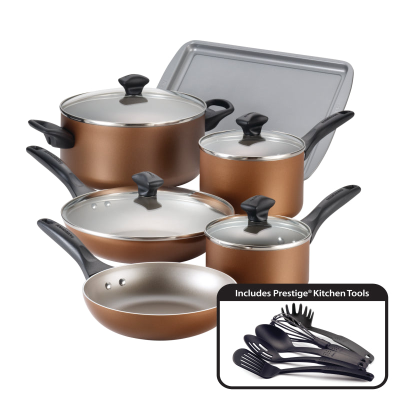 Farberware Dishwasher Safe Aluminum Nonstick Cookware Pots and Pans Set, 15-Piece, Copper