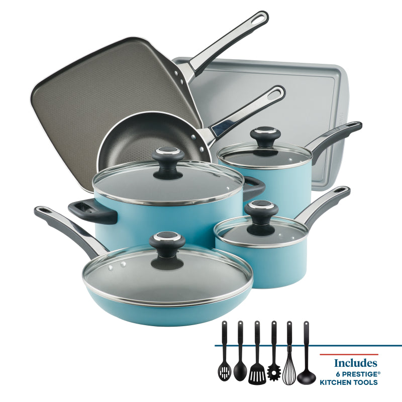 Farberware High Performance Nonstick Aluminum Cookware Set, 17-Piece, Aqua
