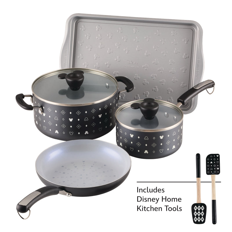 Farberware Disney Monochrome Ceramic Nonstick Cookware Set and Cookie Pan and Disney Home Kitchen Tools, 8 Piece