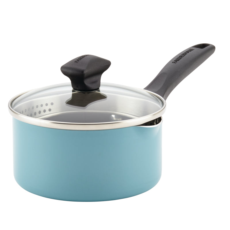 Farberware Dishwasher Safe Aluminum Nonstick Straining Saucepan with Pour Spouts and Lid, 1-Quart, Aqua