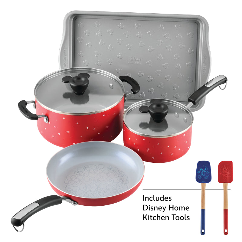 Farberware Disney Bon Voyage Ceramic Nonstick Cookware Set and Baking Sheet with Disney Home Kitchen Tools, 8 Piece, Red