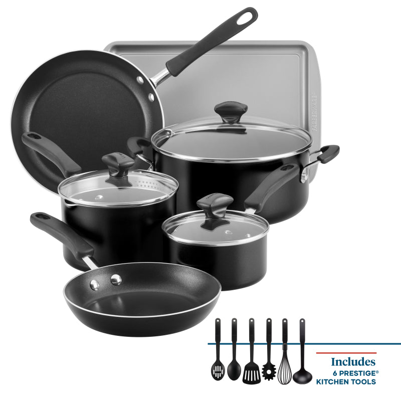 Farberware Cookstart Aluminum DiamondMax Nonstick Cookware Set, 15-Piece, Black