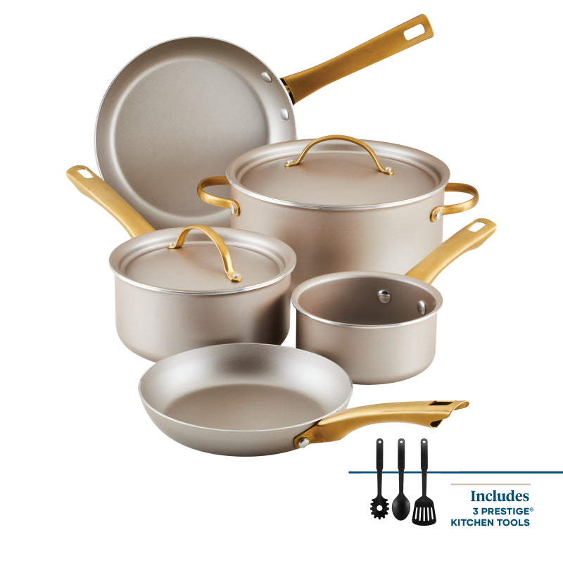 Farberware Radiant Nonstick Cookware Set with Prestige Tools, 10 Piece, Champagne