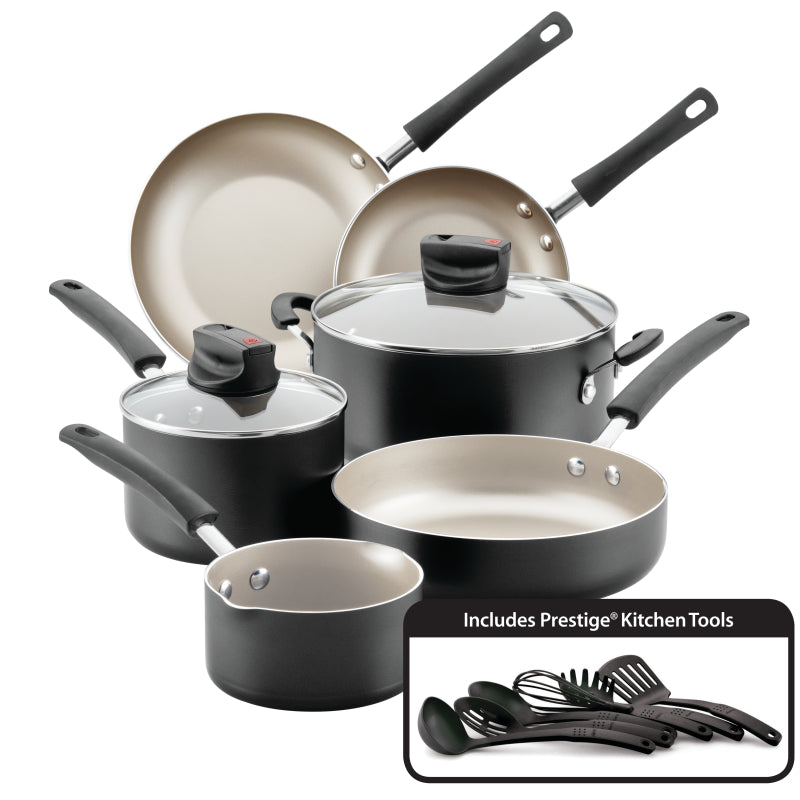 Farberware Easy Clean Steam Vent Aluminum Nonstick Cookware Set, 14-Piece, Black