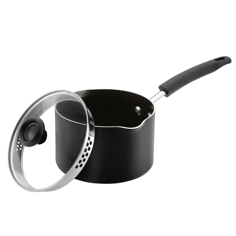 Farberware Easy Clean Aluminum Nonstick Straining Sauce Pan with Lid, 3-Quart, Black