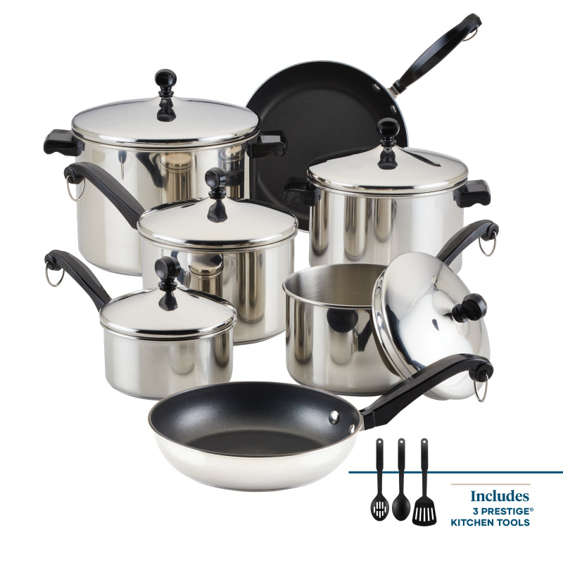 Farberware Classic Series Stainless Steel and Nonstick Cookware Pots and Pans Set, 15-Piece