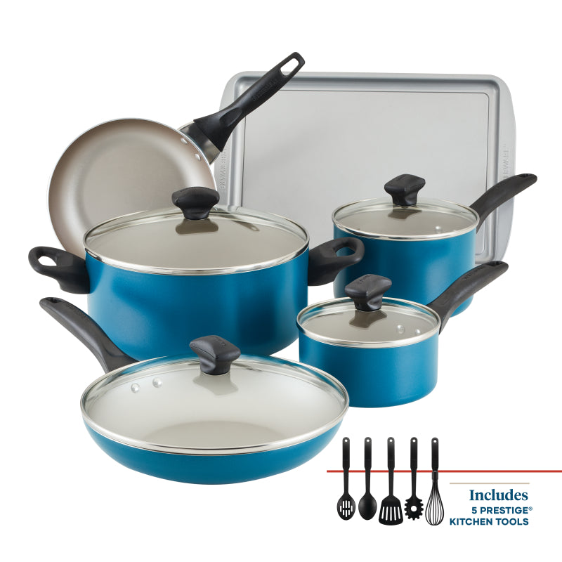 Farberware Dishwasher Safe Nonstick Cookware Set, Teal, 15-Piece