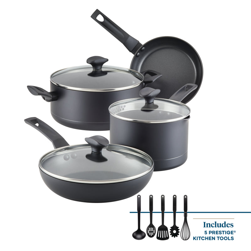 Farberware Power Base Aluminum Nonstick Cookware Pots and Pan Set, 12-Piece, Matte Black