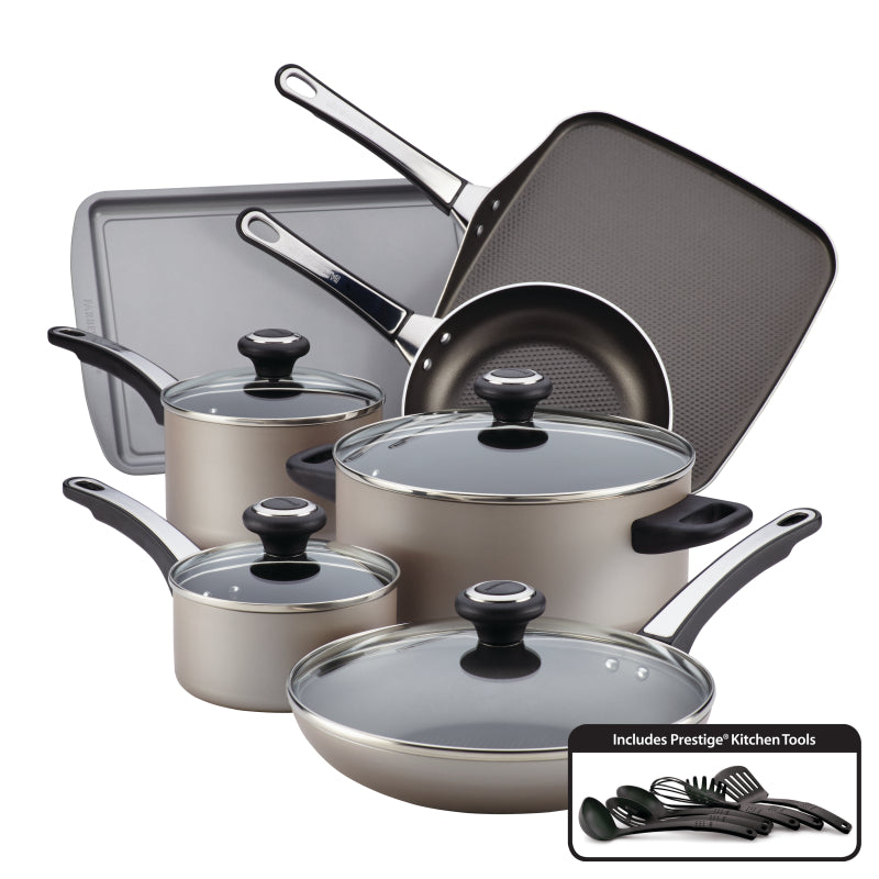 Farberware High Performance Aluminum Nonstick Cookware Set, 17-Piece, Champagne