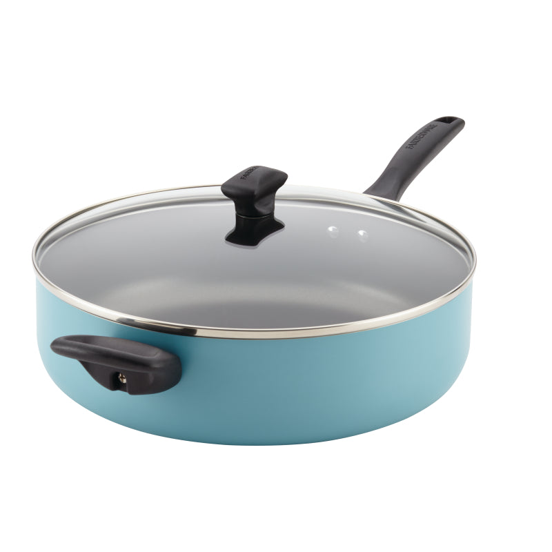 Farberware Dishwasher Safe Aluminum Nonstick Jumbo Cooker Chef's Pan with Helper Handle and Lid, 6-Quart, Aqua