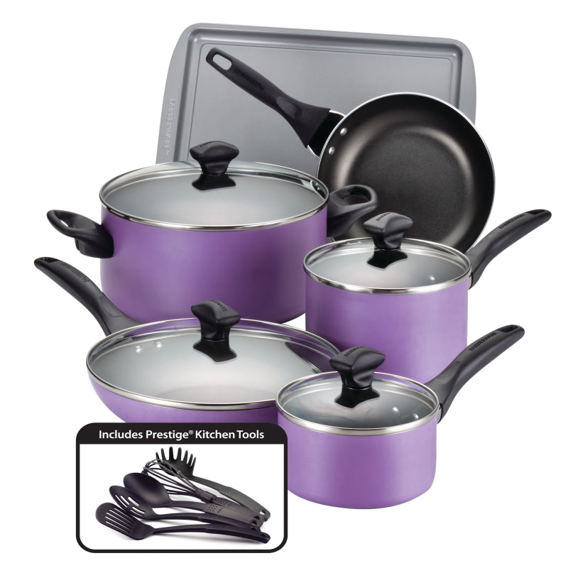 Farberware Dishwasher Safe Aluminum Nonstick Cookware Pots and Pans Set, 15-Piece, Purple