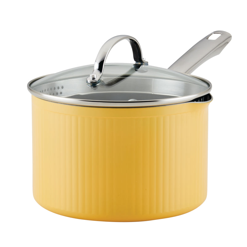 Farberware Style Nonstick Cookware Straining Saucepan with Lid, 3-Quart, Yellow