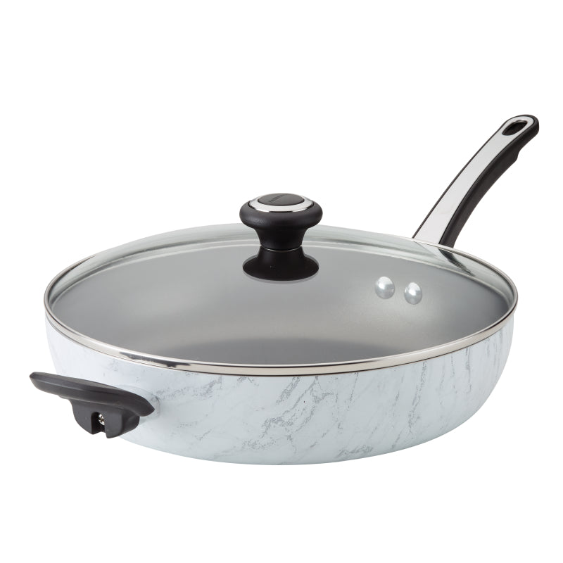 Farberware Designs Aluminum Nonstick Deep Skillet with Lid, 12.25-Inch, White Marble