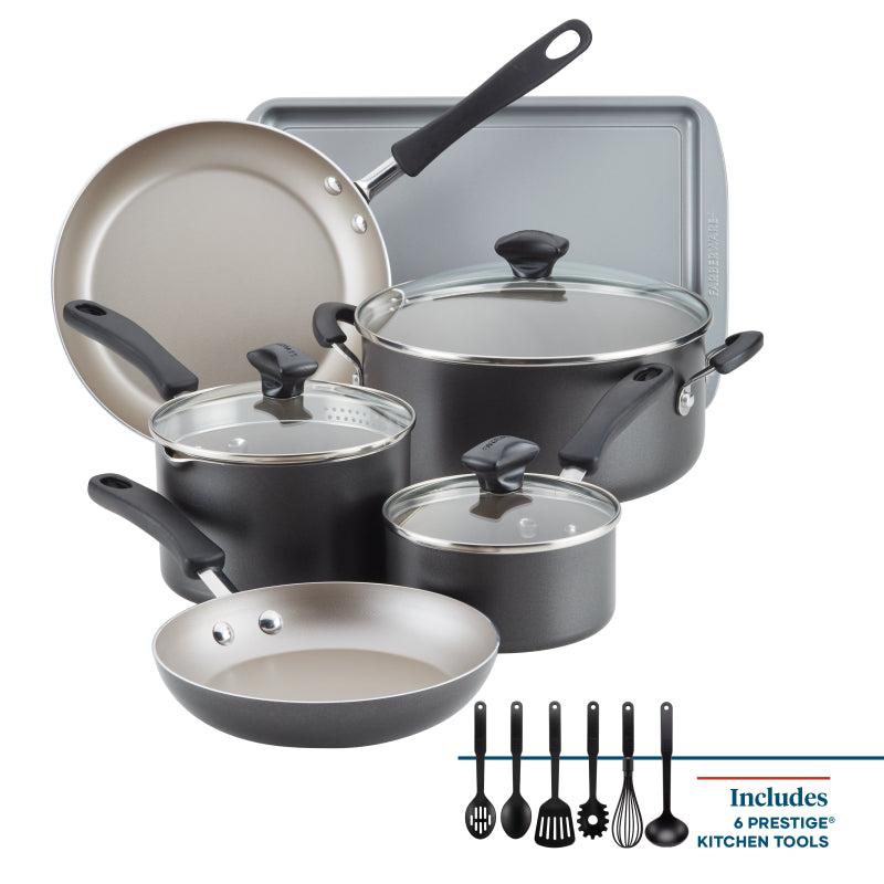 Farberware Cookstart Aluminum DiamondMax Nonstick Cookware Set, 15-Piece, Pewter