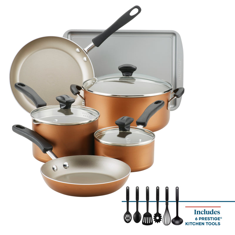 Farberware Cookstart Aluminum DiamondMax Nonstick Cookware Set, 15-Piece, Copper