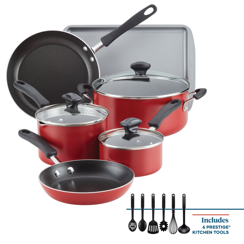 Farberware Cookstart Aluminum DiamondMax Nonstick Cookware Set, 15-Piece, Red
