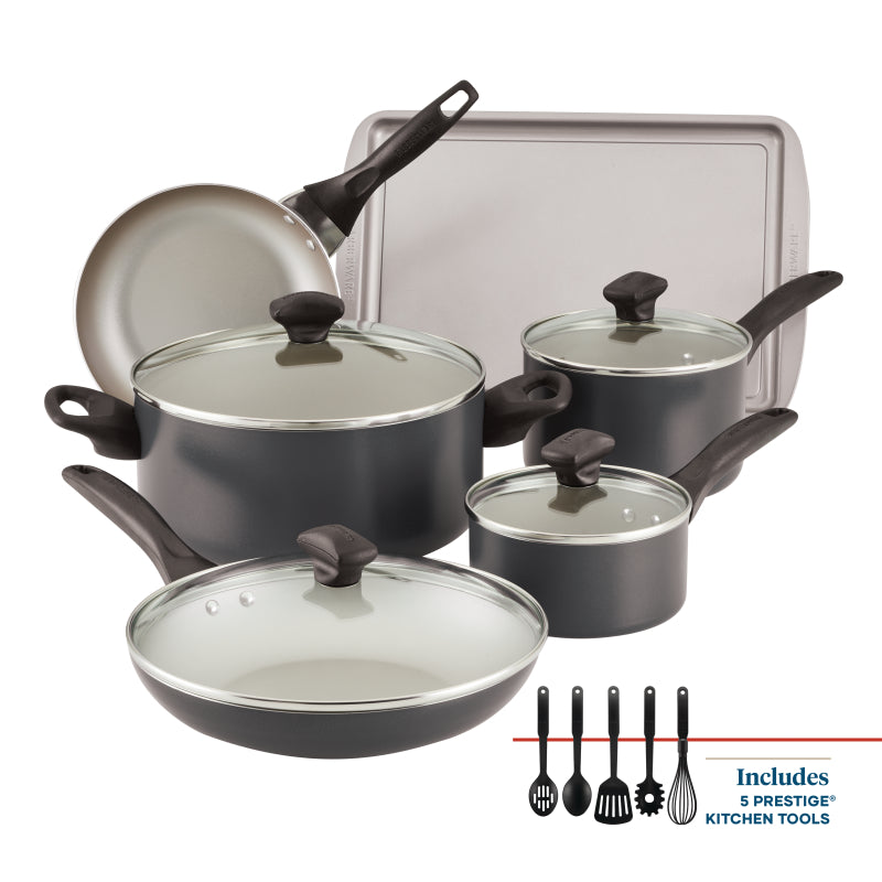 Farberware Dishwasher Safe Aluminum Nonstick Cookware Pots and Pans Set, 15-Piece, Pewter