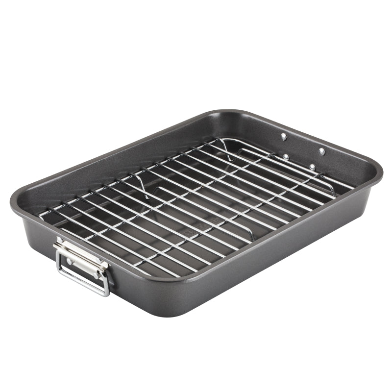 Farberware Bakeware Nonstick Roaster with Flat Rack, 11-Inch x 15-Inch, Gray