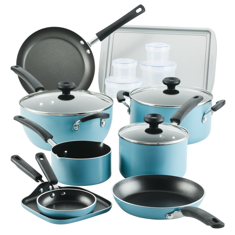 Farberware Easy Clean Aluminum Nonstick Cookware Pots and Pans Set, 20-Piece, Aqua