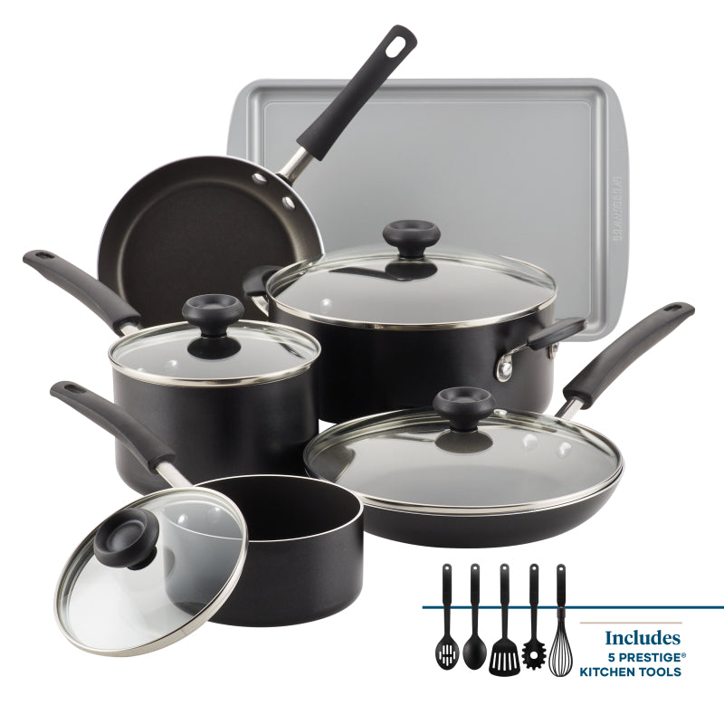 Farberware Easy Clean Aluminum Nonstick Cookware Pots and Pans Set, 15-Piece, Black