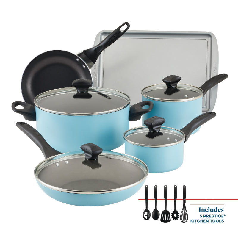 Farberware Dishwasher Safe Aluminum Nonstick Cookware Pots and Pans Set, 15-Piece, Aqua