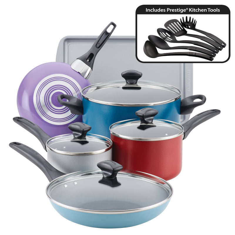 Farberware Dishwasher Safe Nonstick Aluminum Cookware Pots and Pans Set, 15-Piece, Assorted Colors