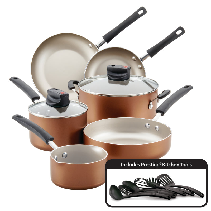 Farberware Easy Clean Steam Vent Cookware Nonstick Pots and Pans Set, 14-Piece, Copper