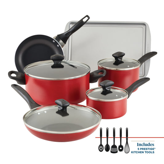 Farberware Dishwasher Safe Nonstick Cookware Set, 15-Piece, Red