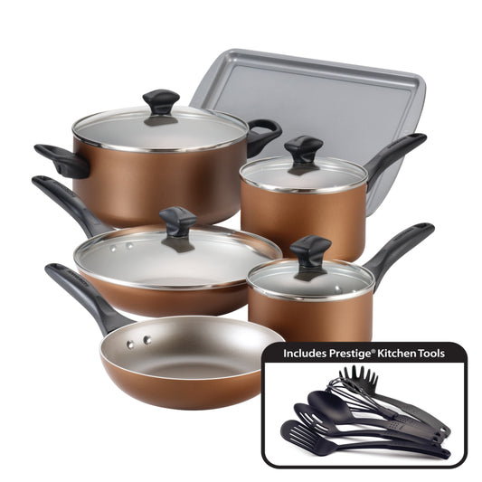 Farberware Dishwasher Safe Aluminum Nonstick Cookware Pots and Pans Set, 15-Piece, Copper