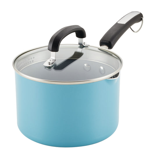 Farberware Eco Advantage Ceramic Nonstick Straining Saucepan with Lid, 3-Quart, Aqua