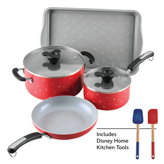 Farberware Disney Bon Voyage Ceramic Nonstick Cookware Set and Baking Sheet with Disney Home Kitchen Tools, 8 Piece, Red