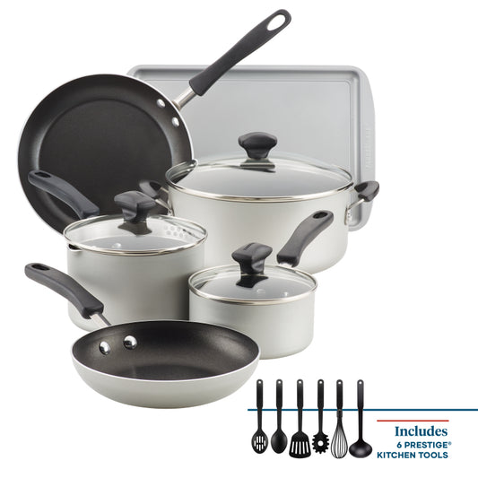 Farberware Cookstart Aluminum DiamondMax Nonstick Cookware Set, 15-Piece, Silver