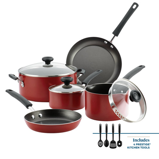 Farberware Easy Clean Aluminum Nonstick Cookware Pots and Pans Set, 12-Piece, Red