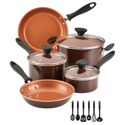 Farberware Reliance Pro Ceramic Nonstick Cookware Set, 14-Piece, Brown