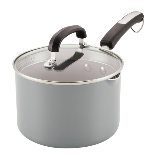 Farberware Eco Advantage Ceramic Nonstick Straining Saucepan with Lid, 3-Quart, Gray
