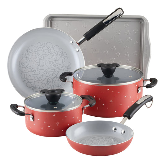 Farberware Disney Bon Voyage Ceramic Nonstick Cookware Set and Baking Sheet, 7 Piece, Red