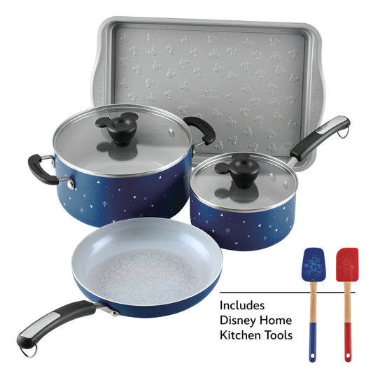 Farberware Disney Bon Voyage Ceramic Nonstick Cookware Set and Baking Sheet with Disney Home Kitchen Tools, 8 Piece, Blue