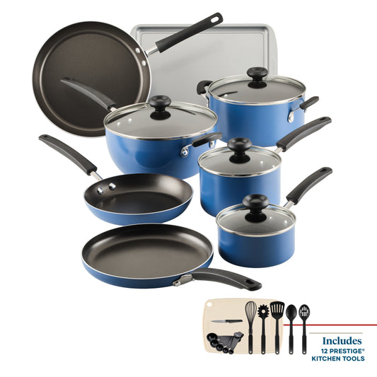 Farberware Easy Clean Aluminum Nonstick Cookware Pots and Pans Set, 24-Piece, Blue