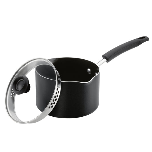 Farberware Easy Clean Aluminum Nonstick Straining Sauce Pan with Lid, 3-Quart, Black