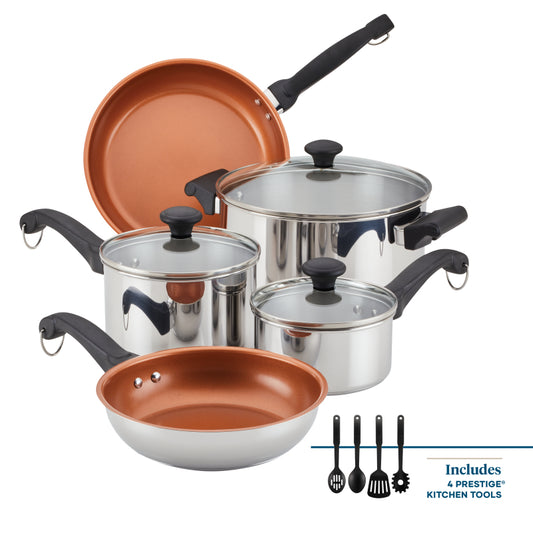 Farberware Classic Traditions Stainless Steel Cookware Induction Pots and Pans Set with Prestige Cooking Utensils, 12-Piece, Stainless Steel