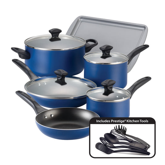 Farberware Dishwasher Safe Aluminum Nonstick Cookware Pots and Pans Set, 15-Piece, Blue