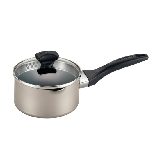 Farberware Dishwasher Safe Aluminum Nonstick Straining Sauce Pan with Lid and Pour Spouts, 1-Quart, Champagne