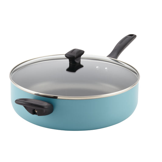 Farberware Dishwasher Safe Aluminum Nonstick Jumbo Cooker Chef's Pan with Helper Handle and Lid, 6-Quart, Aqua