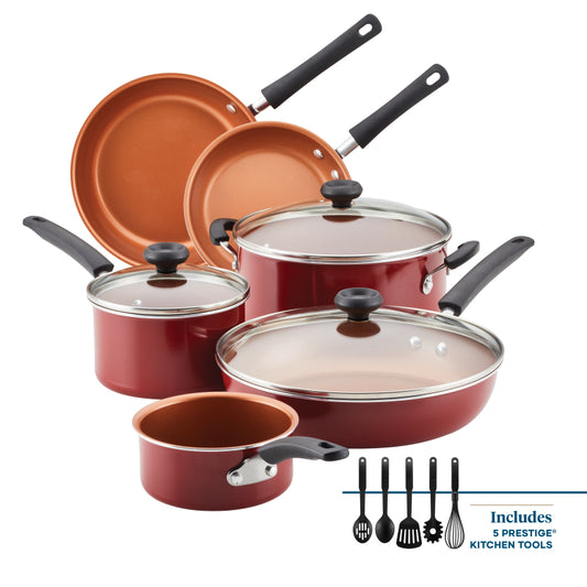 Farberware Easy Clean Pro Ceramic Nonstick Cookware Pots and Pans Set, 14-Piece, Red
