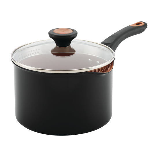 Farberware Glide Copper Ceramic Nonstick Straining Sauce Pan, 3-Quart, Black