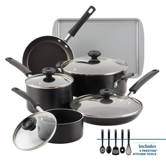 Farberware Easy Clean Aluminum Nonstick Cookware Pots and Pans Set, 15-Piece, Black