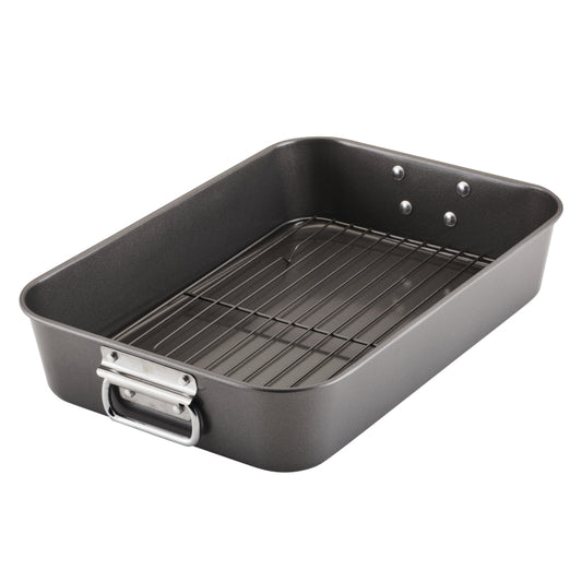 Farberware Bakeware Nonstick Roaster with Removable Flat Rack, 10.5-Inch x 15-Inch, Gray