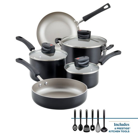 Farberware Smart Control Aluminum Nonstick Cookware Pots and Pans Set, 14-Piece, Black